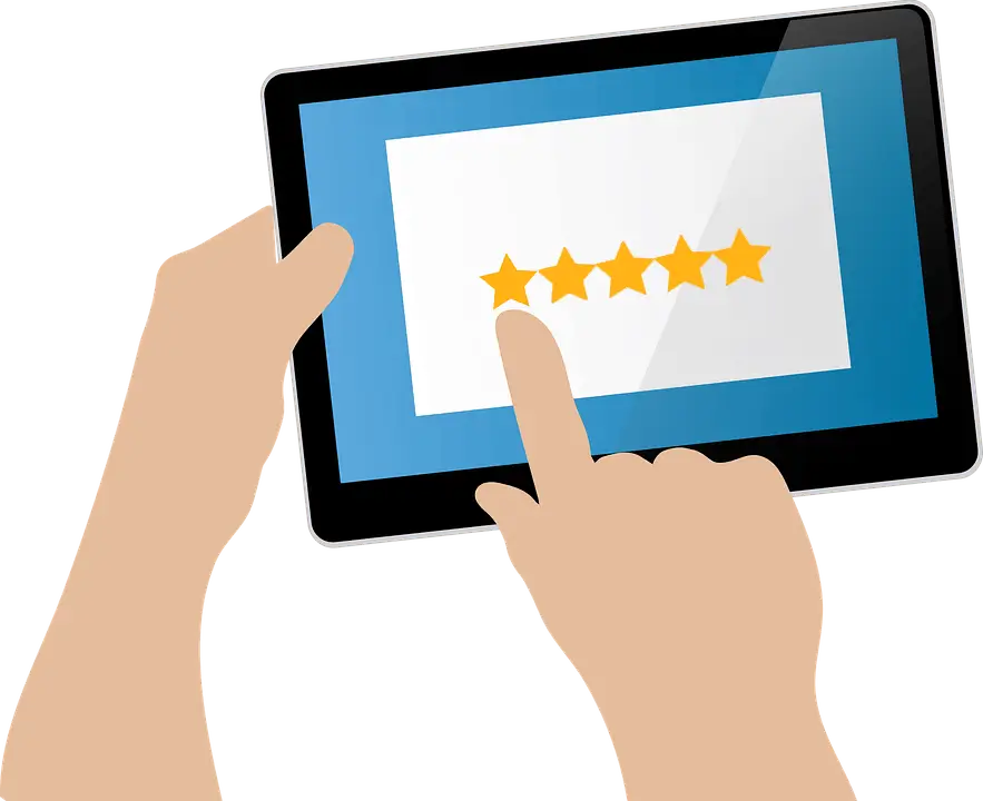 An illustration of a person using a tablet. The tablet screen shows a five-star rating system, with the individual's finger touching one of the stars, possibly to select or give a rating. The image background is transparent, with focus on the tablet and hands.