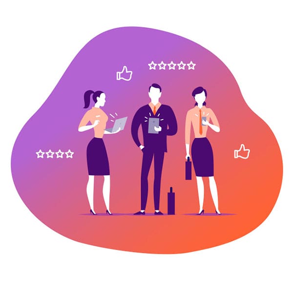 Illustration of three professionals standing against a gradient background. A woman on the left is holding a laptop, a man in the center is using a tablet, and another woman on the right is holding a briefcase. Thumbs-up icons and star ratings surround them.
