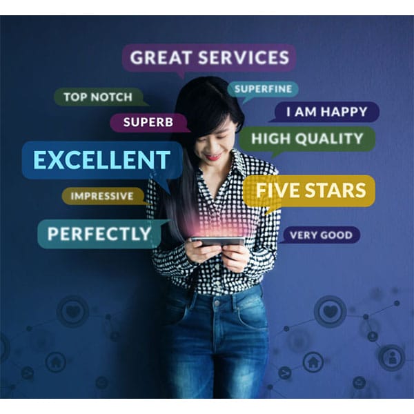 A woman wearing a checked shirt stands against a blue background, smiling while looking at a tablet. Surrounding her are positive words and ratings like "Excellent," "Five Stars," "Great Services," "High Quality," and "Superb," indicating satisfaction and high standards.
