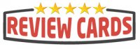 A logo with the words "REVIEW CARDS" in bold, red letters. Above the text are five yellow stars, and the entire design is enclosed within an arching black outline.