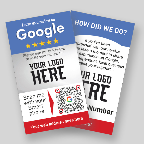 Two promotional flyers encouraging customers to leave Google reviews. One flyer has instructions to scan a QR code with a smartphone, while the other asks customers how the service was and to leave a review for a small, local business. Both flyers feature placeholder text for business logos and web addresses.