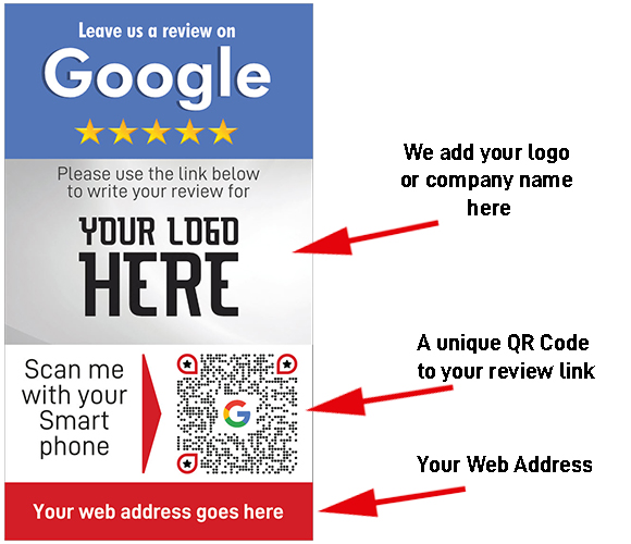 Graphic template for a Google review request that features space for a company logo at the top, instructions to scan a QR code with a smartphone, and fields for adding a web address and company name. The QR code directs users to the review link.