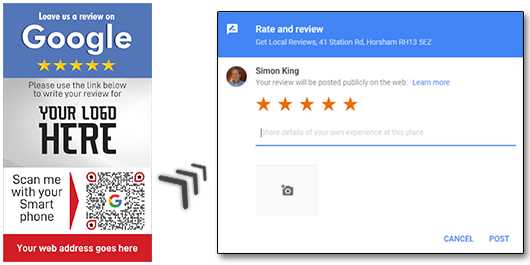 Two-part image: Left panel shows a request to leave a review on Google, with QR code and placeholders for logo and web address. Right panel shows a Google review interface with a 5-star rating area, a text input field, and an example name "Simon King.
