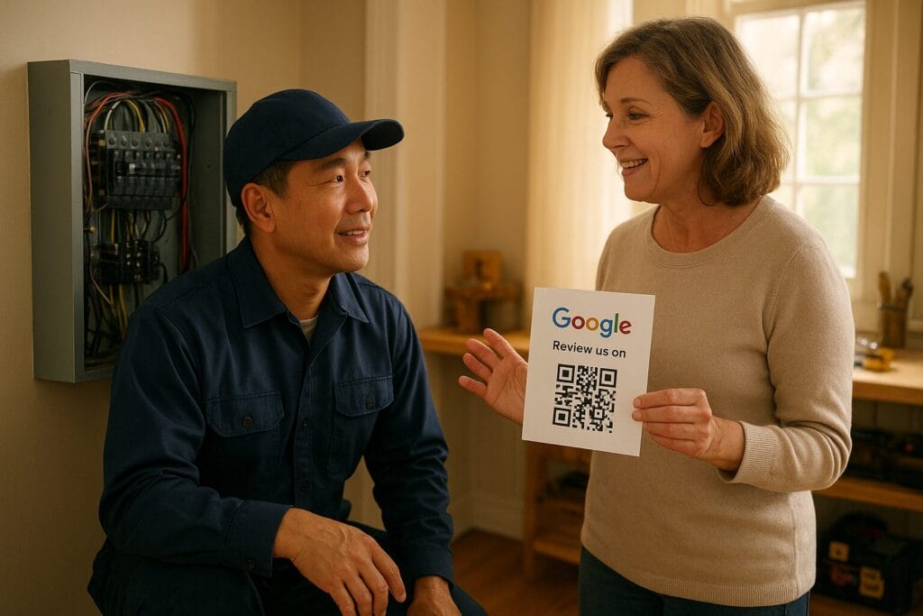 electrician using Google Review cards to increase reviews